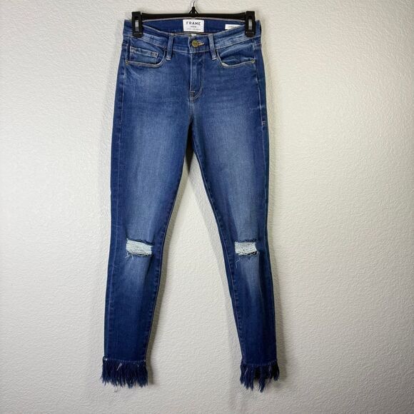 FRAME Le Skinny de Jeanne Jeans Distressed Frayed Hem Dark Wash‎ Size 26 - Picture 1 of 7